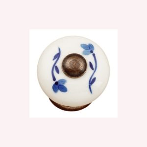 HAND PAINTED WHITE PORCELAIN WITH BRONZE FITTING. BLUE FLOWER FURNITURE KNOB
